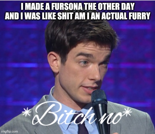 Bitch no | I MADE A FURSONA THE OTHER DAY AND I WAS LIKE SHIT AM I AN ACTUAL FURRY | image tagged in bitch no | made w/ Imgflip meme maker