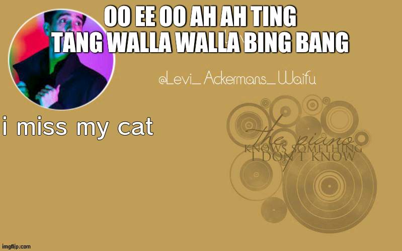 temp 19 | OO EE OO AH AH TING TANG WALLA WALLA BING BANG; i miss my cat | image tagged in temp 19 | made w/ Imgflip meme maker