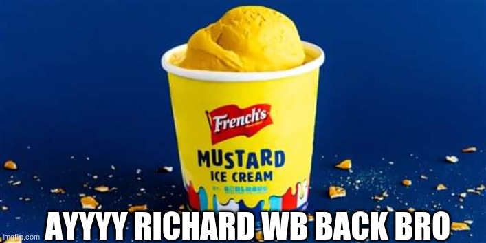 Mustard ice cream | AYYYY RICHARD WB BACK BRO | image tagged in mustard ice cream | made w/ Imgflip meme maker