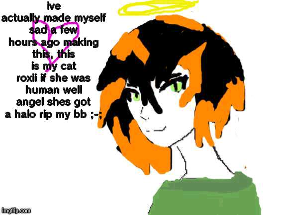 ;^; | ive actually made myself sad a few hours ago making this, this is my cat roxii if she was human well angel shes got a halo rip my bb ;-; | made w/ Imgflip meme maker