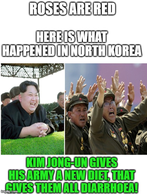 Its not the first time... | ROSES ARE RED; HERE IS WHAT HAPPENED IN NORTH KOREA; KIM JONG-UN GIVES HIS ARMY A NEW DIET, THAT GIVES THEM ALL DIARRHOEA! | image tagged in blank white template,kim jong un | made w/ Imgflip meme maker