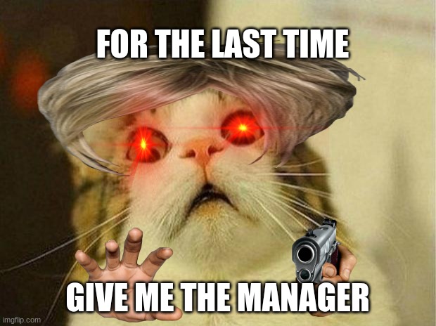 karen | FOR THE LAST TIME; GIVE ME THE MANAGER | image tagged in memes,scared cat | made w/ Imgflip meme maker