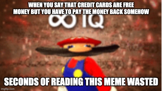 Infinite IQ | WHEN YOU SAY THAT CREDIT CARDS ARE FREE MONEY BUT YOU HAVE TO PAY THE MONEY BACK SOMEHOW SECONDS OF READING THIS MEME WASTED | image tagged in infinite iq | made w/ Imgflip meme maker