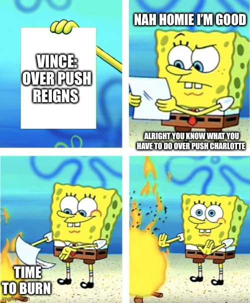 Spongebob Burning Paper | NAH HOMIE I’M GOOD; VINCE: OVER PUSH REIGNS; ALRIGHT YOU KNOW WHAT YOU HAVE TO DO OVER PUSH CHARLOTTE; TIME TO BURN | image tagged in spongebob burning paper | made w/ Imgflip meme maker
