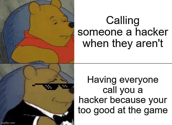 When you are too good at the game |  Calling someone a hacker when they aren't; Having everyone call you a hacker because your too good at the game | image tagged in memes,tuxedo winnie the pooh | made w/ Imgflip meme maker