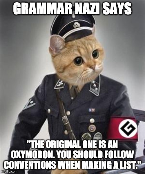 Grammar Nazi Cat | GRAMMAR NAZI SAYS "THE ORIGINAL ONE IS AN OXYMORON. YOU SHOULD FOLLOW CONVENTIONS WHEN MAKING A LIST." | image tagged in grammar nazi cat | made w/ Imgflip meme maker