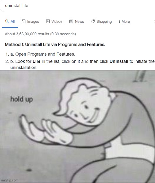 We can... really uninstall life? | image tagged in fallout hold up,what the heck | made w/ Imgflip meme maker