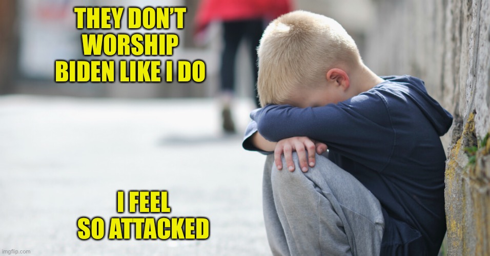 Sad kid | THEY DON’T WORSHIP BIDEN LIKE I DO I FEEL SO ATTACKED | image tagged in sad kid | made w/ Imgflip meme maker