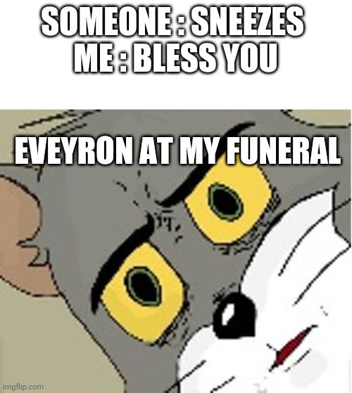 Bless you, everyone : what the f- | SOMEONE : SNEEZES 
ME : BLESS YOU; EVEYRON AT MY FUNERAL | image tagged in unsettled tom | made w/ Imgflip meme maker