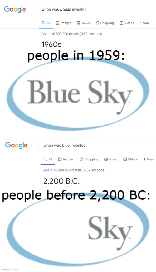 yes, the sky was invented on 5 February 1989 | people in 1959:; people before 2,200 BC: | image tagged in memes,funny,gifs | made w/ Imgflip meme maker