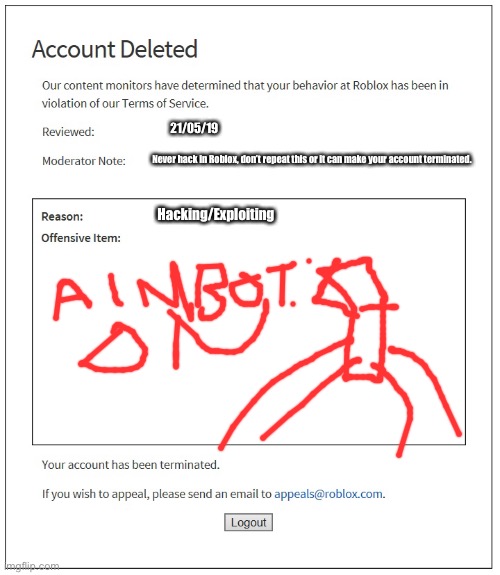 Got banned for hacking | 21/05/19; Never hack in Roblox, don’t repeat this or it can make your account terminated. Hacking/Exploiting | image tagged in banned from roblox | made w/ Imgflip meme maker