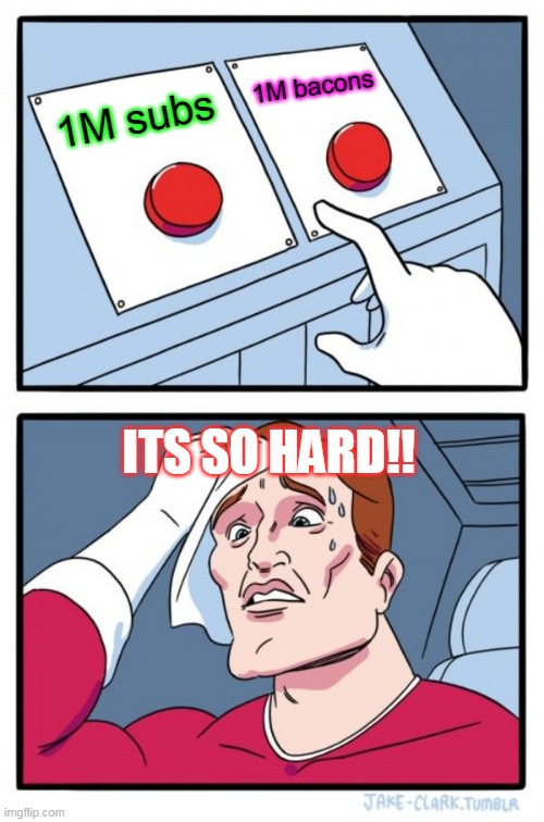 whitch to choose?!! | 1M bacons; 1M subs; ITS SO HARD!! | image tagged in memes,two buttons | made w/ Imgflip meme maker