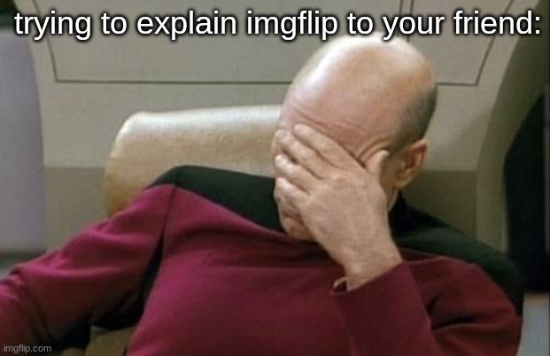 Captain Picard Facepalm Meme | trying to explain imgflip to your friend: | image tagged in memes,captain picard facepalm | made w/ Imgflip meme maker