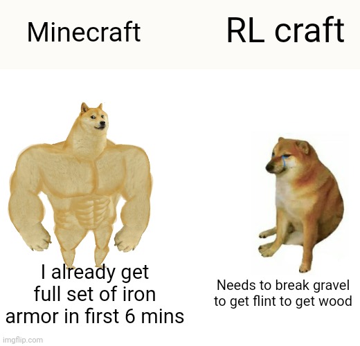 Its also filled with monsters | RL craft; Minecraft; I already get full set of iron armor in first 6 mins; Needs to break gravel to get flint to get wood | image tagged in memes,buff doge vs cheems | made w/ Imgflip meme maker