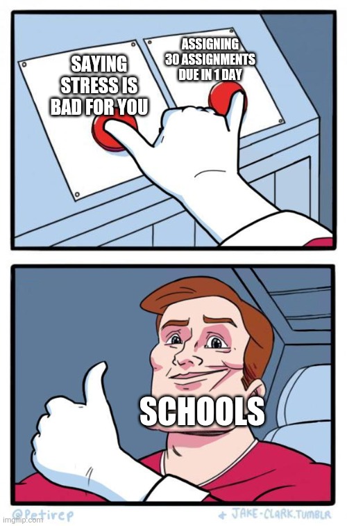 School Meme #1 | ASSIGNING 30 ASSIGNMENTS DUE IN 1 DAY; SAYING STRESS IS BAD FOR YOU; SCHOOLS | image tagged in pressing both buttons | made w/ Imgflip meme maker