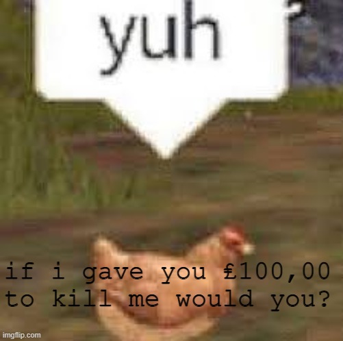 yuh | if i gave you ₤100,00 to kill me would you? | image tagged in yuh | made w/ Imgflip meme maker