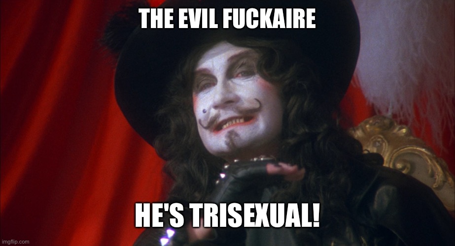 THE EVIL FUCKAIRE; HE'S TRISEXUAL! | image tagged in cheech and chong,corsican brothers | made w/ Imgflip meme maker
