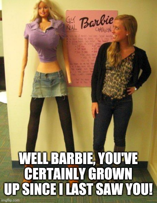 WELL BARBIE, YOU'VE CERTAINLY GROWN UP SINCE I LAST SAW YOU! | image tagged in barbie | made w/ Imgflip meme maker