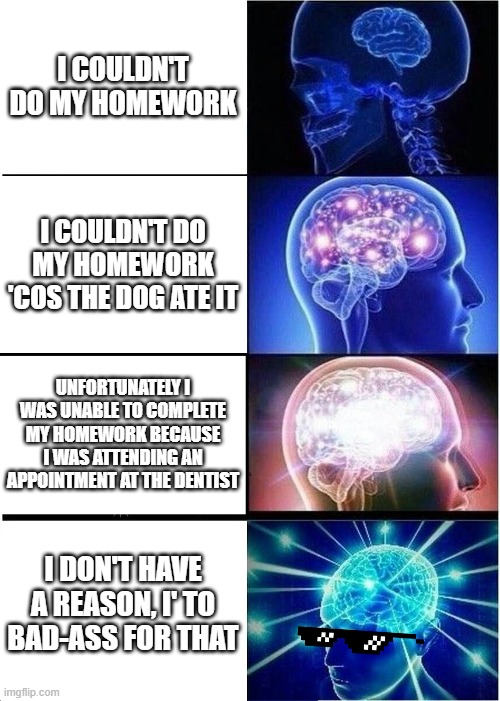 Expanding Brain Meme | I COULDN'T DO MY HOMEWORK; I COULDN'T DO MY HOMEWORK 'COS THE DOG ATE IT; UNFORTUNATELY I WAS UNABLE TO COMPLETE MY HOMEWORK BECAUSE I WAS ATTENDING AN APPOINTMENT AT THE DENTIST; I DON'T HAVE A REASON, I' TO BAD-ASS FOR THAT | image tagged in memes,expanding brain | made w/ Imgflip meme maker