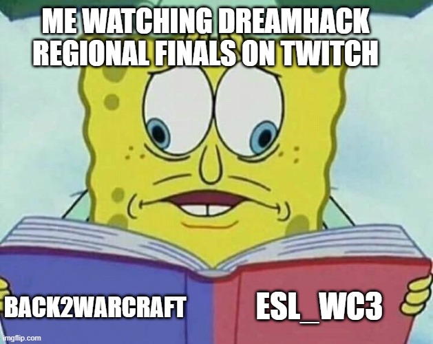 Spongebob Reading Two Things At Once | ME WATCHING DREAMHACK REGIONAL FINALS ON TWITCH; BACK2WARCRAFT; ESL_WC3 | image tagged in spongebob reading two things at once,WC3 | made w/ Imgflip meme maker
