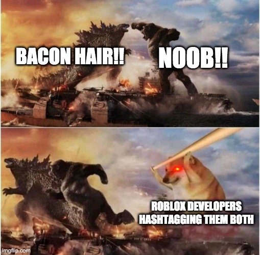 Kong Godzilla Doge | NOOB!! BACON HAIR!! ROBLOX DEVELOPERS HASHTAGGING THEM BOTH | image tagged in kong godzilla doge | made w/ Imgflip meme maker