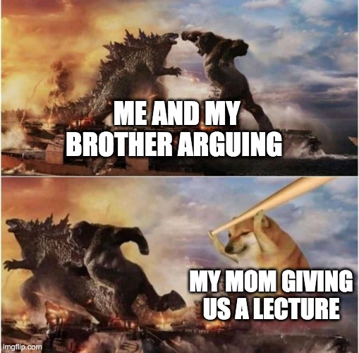 Kong Godzilla Doge | ME AND MY BROTHER ARGUING; MY MOM GIVING US A LECTURE | image tagged in kong godzilla doge | made w/ Imgflip meme maker
