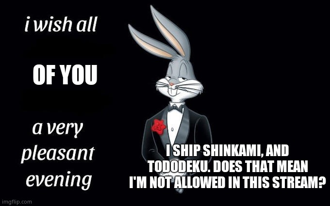 I wish all the X a very pleasant evening | OF YOU; I SHIP SHINKAMI, AND TODODEKU. DOES THAT MEAN I'M NOT ALLOWED IN THIS STREAM? | image tagged in i wish all the x a very pleasant evening | made w/ Imgflip meme maker