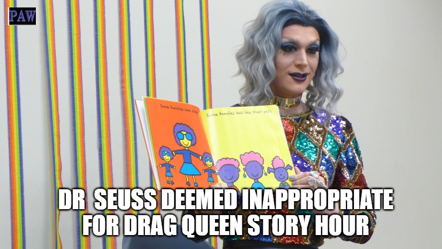 drag Queen Story Hour | DR  SEUSS DEEMED INAPPROPRIATE FOR DRAG QUEEN STORY HOUR | image tagged in drag queen,dr seuss,funny | made w/ Imgflip meme maker