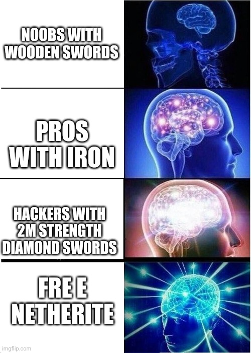 Expanding Brain | NOOBS WITH WOODEN SWORDS; PROS WITH IRON; HACKERS WITH 2M STRENGTH DIAMOND SWORDS; FRE E NETHERITE | image tagged in memes,expanding brain | made w/ Imgflip meme maker
