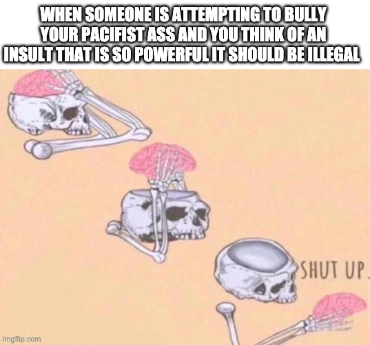 Ever get those times where you really want to but you hold back because you think you'll go too far | WHEN SOMEONE IS ATTEMPTING TO BULLY YOUR PACIFIST ASS AND YOU THINK OF AN INSULT THAT IS SO POWERFUL IT SHOULD BE ILLEGAL | made w/ Imgflip meme maker