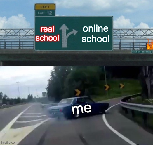 Left Exit 12 Off Ramp | real school; online school; me | image tagged in memes,left exit 12 off ramp | made w/ Imgflip meme maker