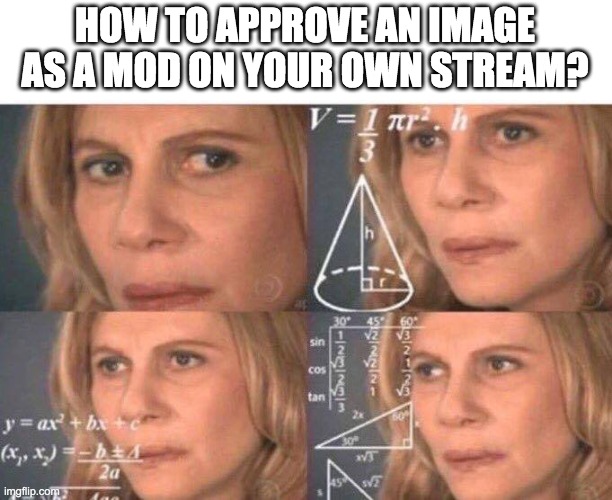 me needs help | HOW TO APPROVE AN IMAGE AS A MOD ON YOUR OWN STREAM? | image tagged in math lady/confused lady | made w/ Imgflip meme maker