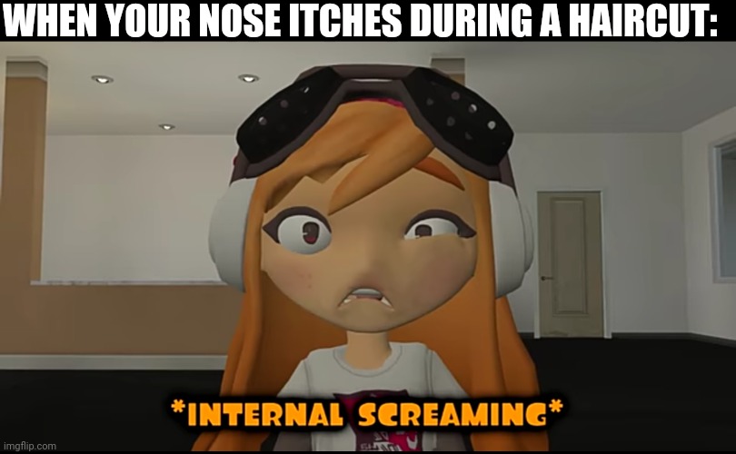 WHEN YOUR NOSE ITCHES DURING A HAIRCUT: | image tagged in meggy internal screaming | made w/ Imgflip meme maker