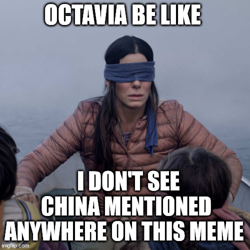 Bird Box Meme | OCTAVIA BE LIKE I DON'T SEE CHINA MENTIONED ANYWHERE ON THIS MEME | image tagged in memes,bird box | made w/ Imgflip meme maker