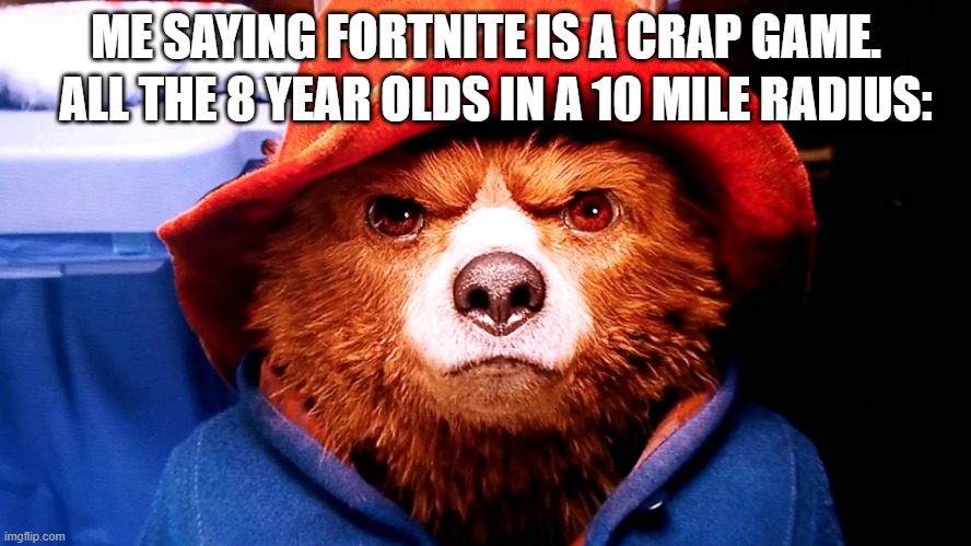 Paddington hard stare | ME SAYING FORTNITE IS A CRAP GAME. ALL THE 8 YEAR OLDS IN A 10 MILE RADIUS: | image tagged in paddington hard stare | made w/ Imgflip meme maker