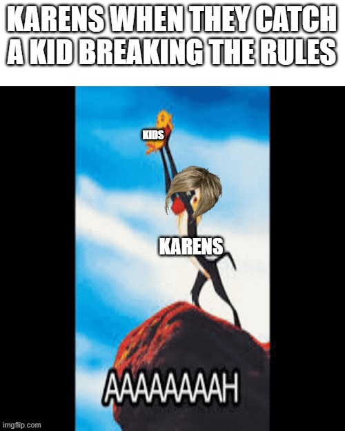 a meme | KARENS WHEN THEY CATCH A KID BREAKING THE RULES; KIDS; KARENS | image tagged in karens | made w/ Imgflip meme maker