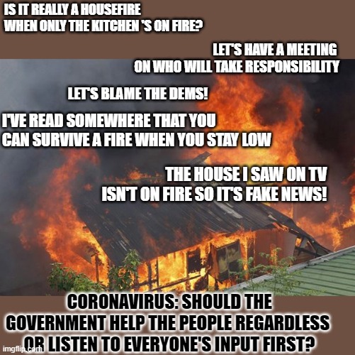If your house is on fire, would you deal with the problem or discuss it first? | IS IT REALLY A HOUSEFIRE WHEN ONLY THE KITCHEN 'S ON FIRE? LET'S HAVE A MEETING 
ON WHO WILL TAKE RESPONSIBILITY; LET'S BLAME THE DEMS! I'VE READ SOMEWHERE THAT YOU CAN SURVIVE A FIRE WHEN YOU STAY LOW; THE HOUSE I SAW ON TV ISN'T ON FIRE SO IT'S FAKE NEWS! CORONAVIRUS: SHOULD THE GOVERNMENT HELP THE PEOPLE REGARDLESS 
OR LISTEN TO EVERYONE'S INPUT FIRST? | image tagged in coronavirus,covid-19,action,government | made w/ Imgflip meme maker