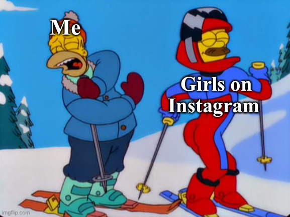 Instagram girls | Me; Girls on Instagram | image tagged in ned flanders ski,instagram,girls,girl,social media,memes | made w/ Imgflip meme maker