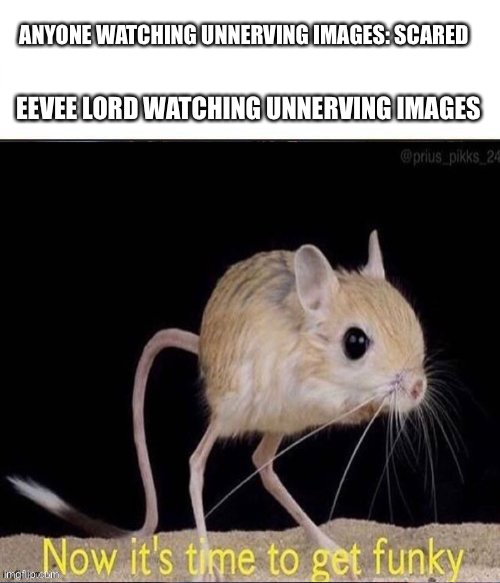 now its time to get funky | ANYONE WATCHING UNNERVING IMAGES: SCARED; EEVEE LORD WATCHING UNNERVING IMAGES | image tagged in now its time to get funky | made w/ Imgflip meme maker