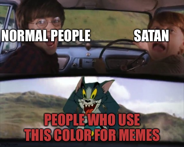 Harry and Ron being chased by Tom | NORMAL PEOPLE                 SATAN; PEOPLE WHO USE THIS COLOR FOR MEMES | image tagged in harry and ron being chased by tom | made w/ Imgflip meme maker