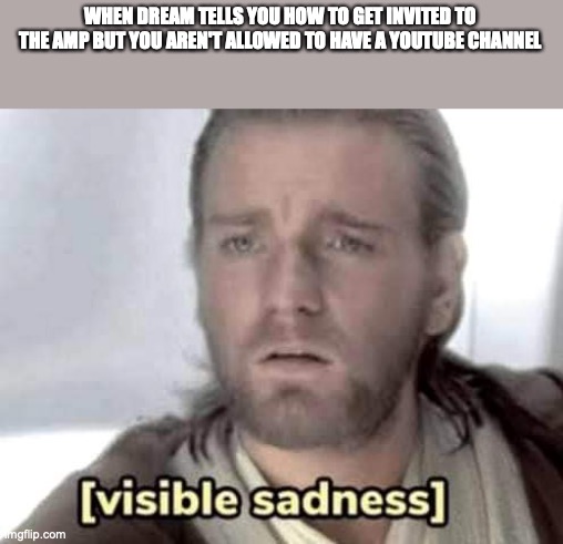 Obi-Wan Kenobi visible sadness | WHEN DREAM TELLS YOU HOW TO GET INVITED TO THE AMP BUT YOU AREN'T ALLOWED TO HAVE A YOUTUBE CHANNEL | image tagged in obi-wan kenobi visible sadness | made w/ Imgflip meme maker