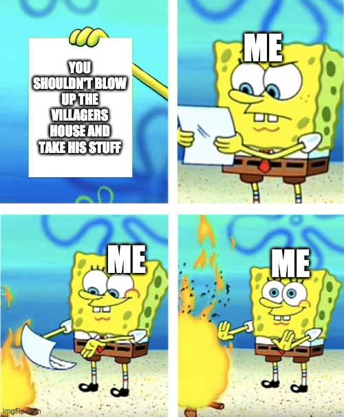 Spongebob Burning Paper | ME; YOU SHOULDN'T BLOW UP THE VILLAGERS HOUSE AND TAKE HIS STUFF; ME; ME | image tagged in spongebob burning paper | made w/ Imgflip meme maker