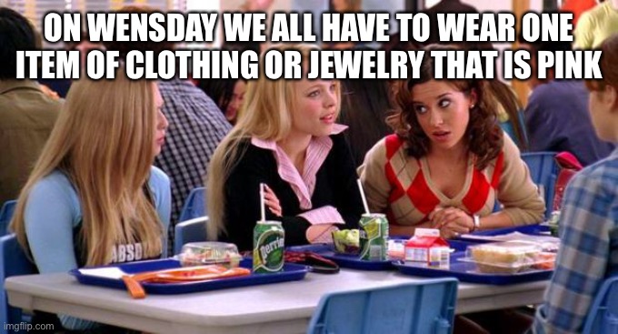 Mean Girls Lunch Table | ON WENSDAY WE ALL HAVE TO WEAR ONE ITEM OF CLOTHING OR JEWELRY THAT IS PINK | image tagged in mean girls lunch table | made w/ Imgflip meme maker
