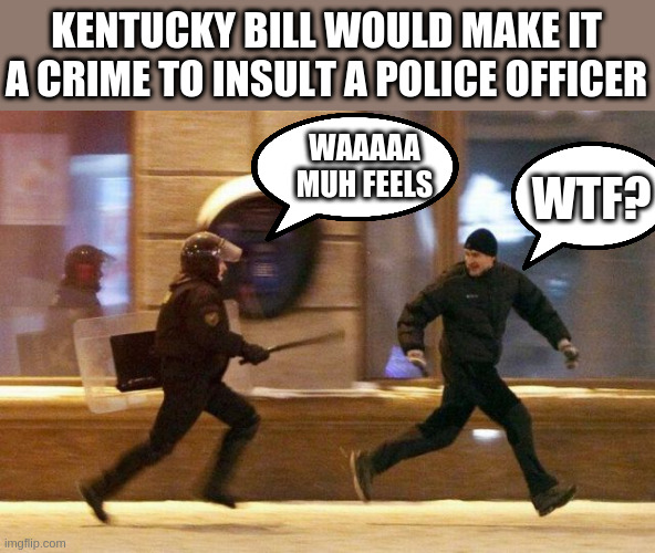 dont upset the sensitive fascists | KENTUCKY BILL WOULD MAKE IT A CRIME TO INSULT A POLICE OFFICER; WAAAAA MUH FEELS; WTF? | image tagged in police chasing guy,fascism,cry baby | made w/ Imgflip meme maker