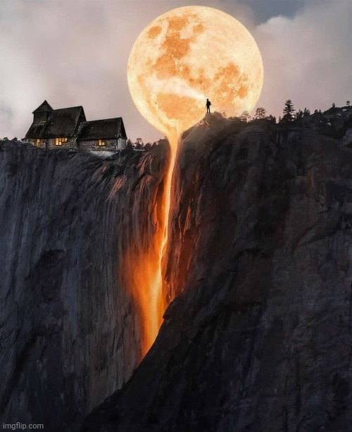 Melting moon | image tagged in moon,waterfall,optical illusion | made w/ Imgflip meme maker