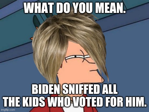 hi | WHAT DO YOU MEAN. BIDEN SNIFFED ALL THE KIDS WHO VOTED FOR HIM. | image tagged in futurama fry | made w/ Imgflip meme maker