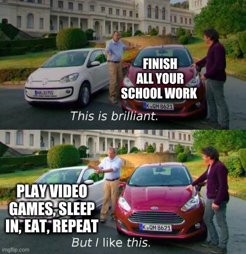This Is Brilliant But I Like This | FINISH ALL YOUR SCHOOL WORK; PLAY VIDEO GAMES, SLEEP IN, EAT, REPEAT | image tagged in this is brilliant but i like this,school,teenagers,video games | made w/ Imgflip meme maker