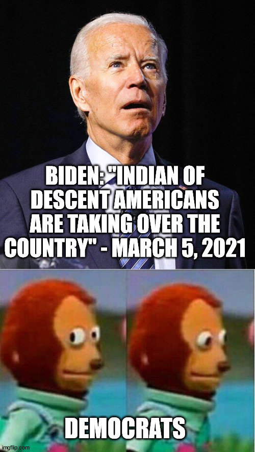BIDEN: "INDIAN OF DESCENT AMERICANS ARE TAKING OVER THE COUNTRY" - MARCH 5, 2021; DEMOCRATS | image tagged in joe biden,teddy bear look away | made w/ Imgflip meme maker