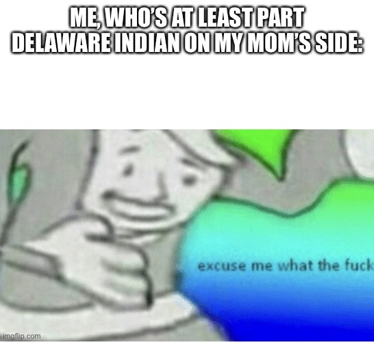 Excuse me wtf blank template | ME, WHO’S AT LEAST PART DELAWARE INDIAN ON MY MOM’S SIDE: | image tagged in excuse me wtf blank template | made w/ Imgflip meme maker
