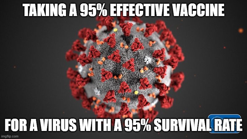 The percentages might be slightly off, but you get my point | TAKING A 95% EFFECTIVE VACCINE; FOR A VIRUS WITH A 95% SURVIVAL RATE | image tagged in covid 19 | made w/ Imgflip meme maker